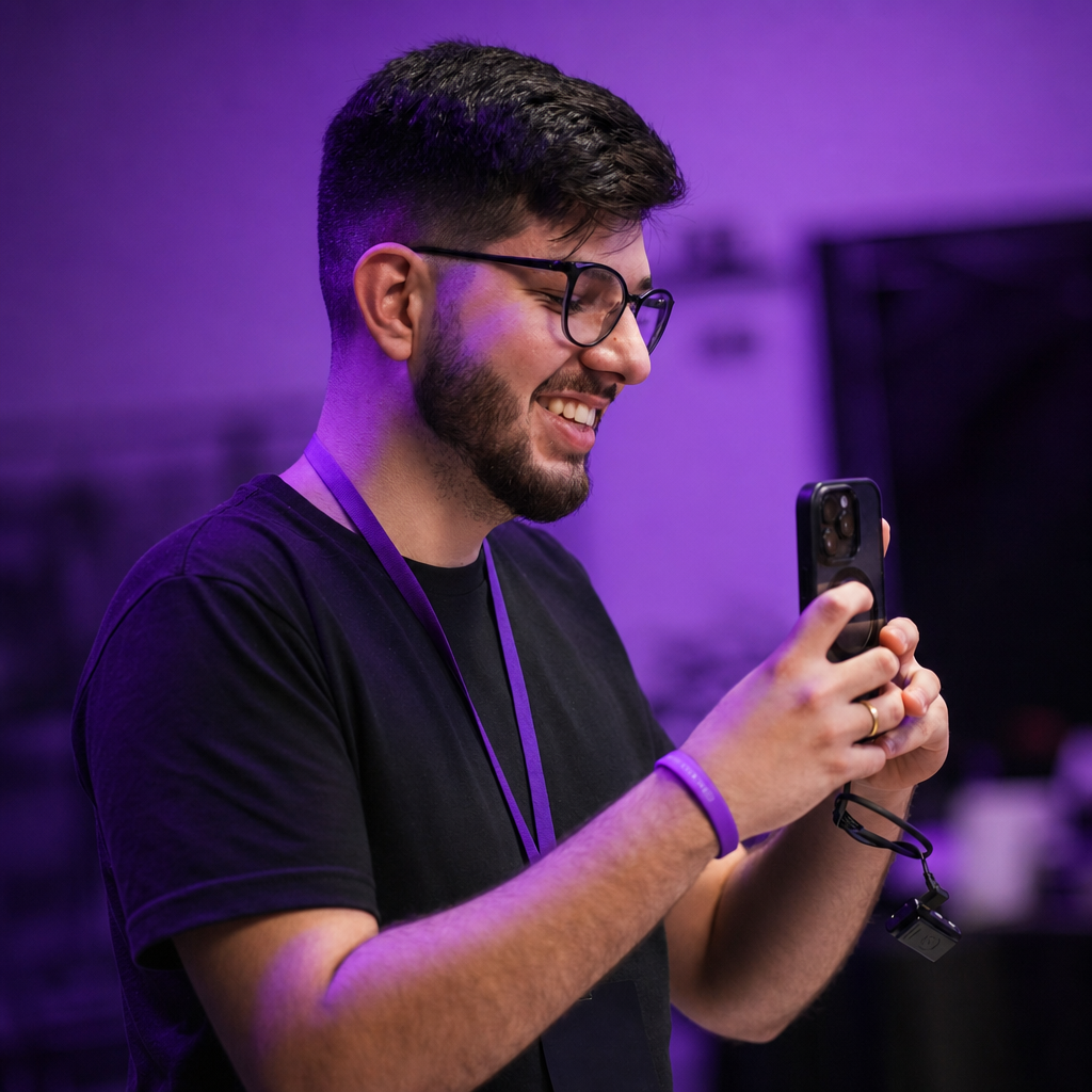 Homem com celular na mão nos bastidores